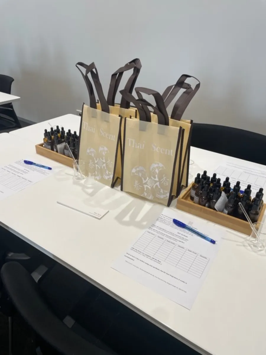 ThaiScent branded take-home bags with hand-blended fragrance bottles